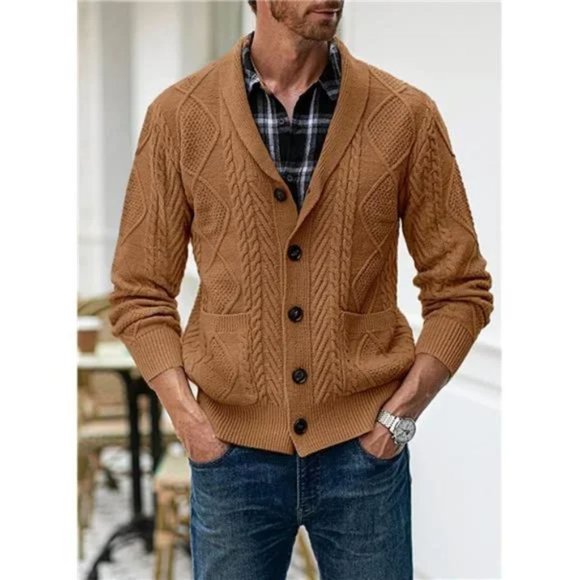 New Men's Casual Cardigan Sweater with Pockets Camel - Picture 1 of 6